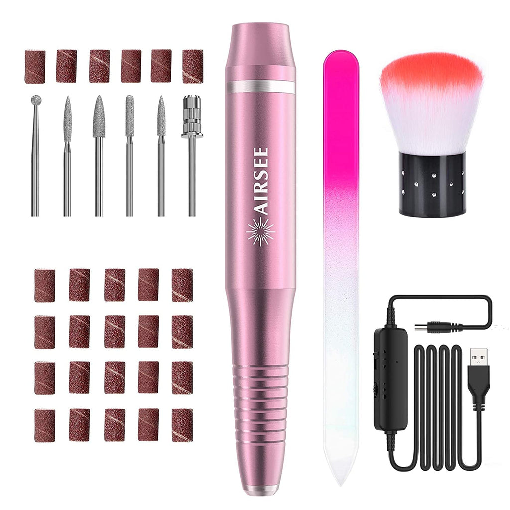 AIRSEE Electric Nail Drill, USB Manicure Pen Sander Polisher, Professional Compact Electrical Nail Files Electric Kit, Efile Nail Drills For Acrylic Nails, Manicure Pedicure Shape Nail Supply, Pink